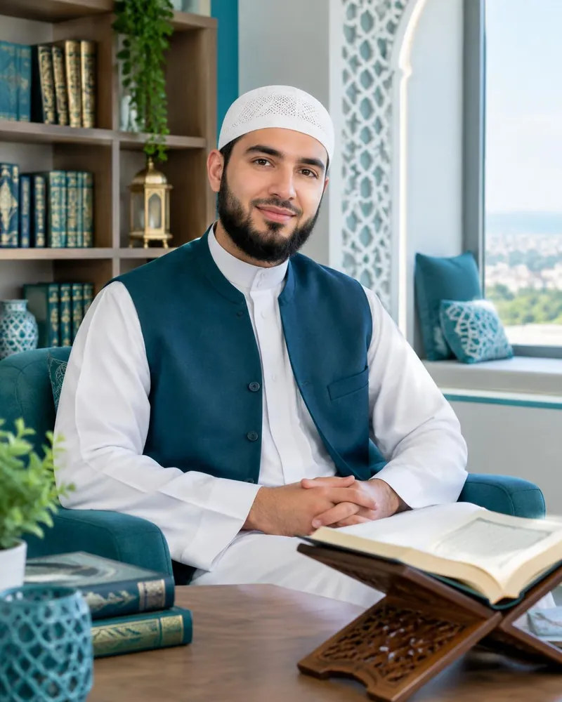 Illustrative portrait of a Quran teacher in a contemporary study