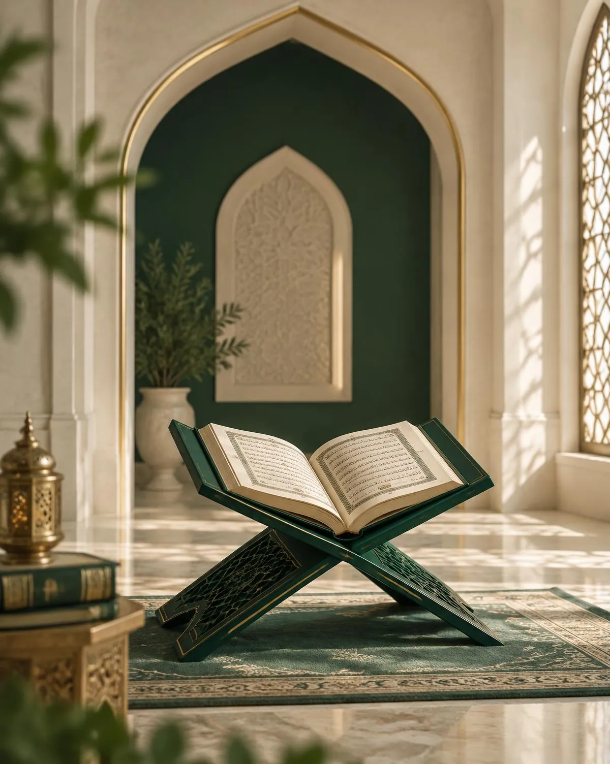 An open Quran in a peaceful, light-filled study space